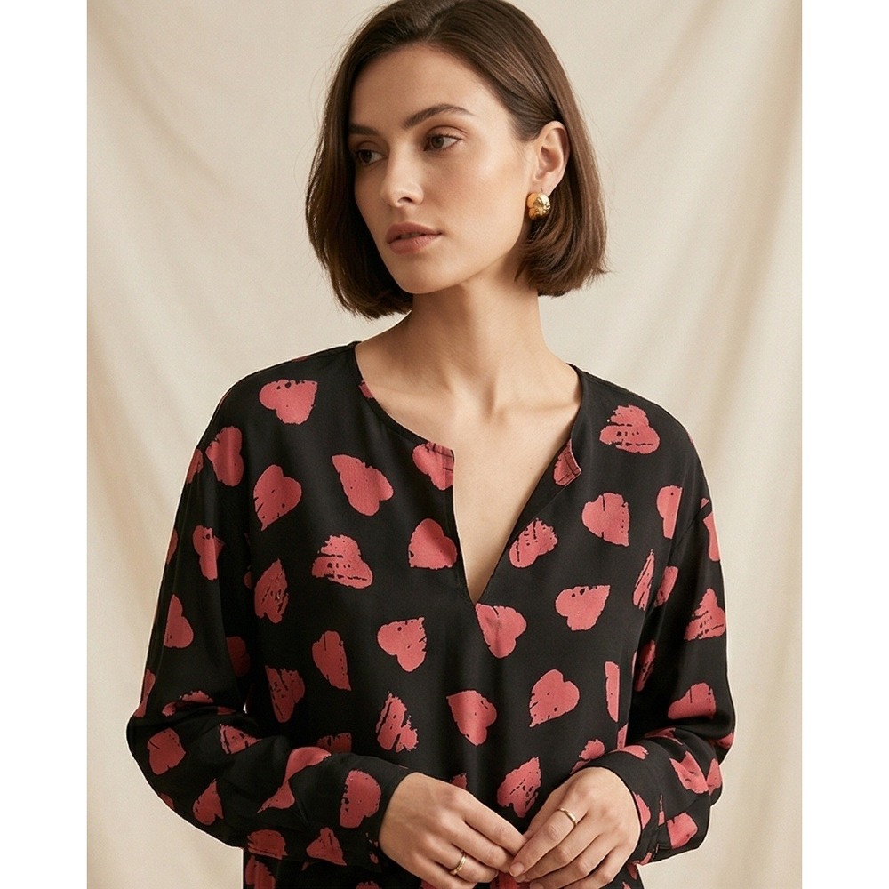 Ungaro Solo Donna Paris 42 Vintage Heart Print Blouse Black Pink Red Size 6-8